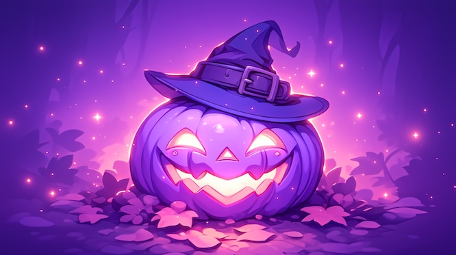 摄图网_402664492_万圣节夜晚头戴着魔法帽子的卡通南瓜灯（企业商用）.jpg