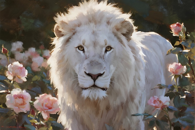 摄图网_603760151_白色狮子与粉红玫瑰绿色背景（企业商用）.jpg