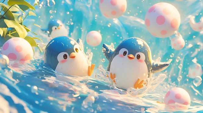 摄图网_603758820_企鹅水中嬉戏周围有粉色斑点球（企业商用）.jpg