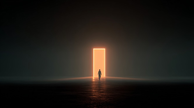 摄图网_700809977_黑暗中发光的门与神秘人影（企业商用）.jpg