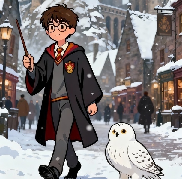 摄图网_603659265_穿黑袍戴眼镜男孩手持魔杖与猫头鹰在雪中小镇（企业商用）.jpg