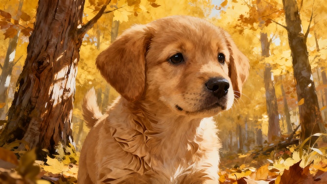 摄图网_603945486_金毛幼犬在秋天森林中远望（企业商用）.jpg