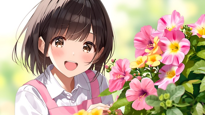 摄图网_604675666_二次元少女轻抚身旁粉黄色盛开花朵（企业商用）.jpg
